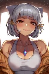 Rule 34 | 1girl, alternate breast size, animal ear fluff, animal ears, blunt bangs, blush, breasts, cat ears, cat girl, chest jewel, cleavage, core crystal (xenoblade), facial mark, grey hair, highres, looking at viewer, medium breasts, nia (xenoblade), r123, short hair, smile, smug, solo, xenoblade chronicles (series), xenoblade chronicles 2, yellow eyes