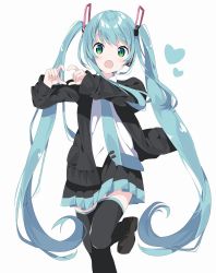 Rule 34 | 1girl, :o, black footwear, black jacket, black skirt, black thighhighs, blue hair, blue necktie, blush, commentary request, fang, green eyes, hair ornament, hands up, hatsune miku, heart, heart hands, highres, jacket, loafers, long hair, long sleeves, looking at viewer, necktie, open clothes, open jacket, open mouth, pleated skirt, shirt, shoes, simple background, skirt, sleeves past wrists, solo, standing, standing on one leg, tantan men (dragon), thighhighs, tie clip, twintails, very long hair, vocaloid, white background, white shirt