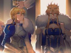 Rule 34 | 1girl, ahoge, armor, armored dress, artoria pendragon (all), artoria pendragon (fate), artoria pendragon (lancer) (fate), blonde hair, blue cape, blue dress, blue gloves, blue leotard, braid, breasts, cape, closed mouth, commentary, cowboy shot, crown, dress, dressing another, fate/grand order, fate/stay night, fate (series), faulds, french braid, fur-trimmed cape, fur trim, gauntlets, gloves, green eyes, hair between eyes, heattech leotard, highres, holding, holding crown, juliet sleeves, large breasts, leotard, light particles, lion king (lancer) (fate), long sleeves, looking at another, looking away, low ponytail, multiple views, orange background, out of frame, parted lips, ponytail, puffy sleeves, putting on headwear, saber (fate), sidelocks, solo focus, swept bangs, turtleneck, two-tone background, upper body, yellow background, yorukun