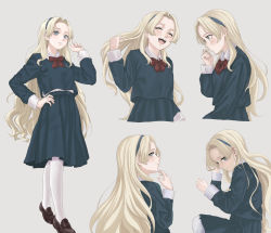 Rule 34 | 1girl, absurdres, blonde hair, blue eyes, blue hairband, blue skirt, bow, bowtie, brown footwear, closed eyes, closed mouth, collared shirt, commentary request, cropped torso, expressions, forehead, full body, hair intakes, hairband, hand up, highres, loafers, long hair, long sleeves, looking at viewer, mole, mole under mouth, multiple views, open mouth, original, pantyhose, raku rakugaki, red bow, red bowtie, school uniform, shirt, shoes, skirt, smile, teeth, upper teeth only, white background, white pantyhose, white shirt