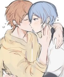 2boys absurdres adair_(juicelooped) aoyagi_touya arm_around_waist blue_hair blush closed_eyes closed_mouth commentary drawstring earrings english_commentary grey_eyes heart highres hood hoodie jewelry kiss long_sleeves male_focus mole mole_under_eye multiple_boys orange_hair project_sekai shinonome_akito short_hair sleeves_past_elbows upper_body white_background yaoi yellow_hoodie