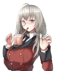 Rule 34 | 1girl, ahoge, black necktie, blush, breasts, brown eyes, bubble tea, bubble tea challenge, cup, disposable cup, drinking straw, girls&#039; frontline, grey hair, griffin &amp; kryuger military uniform, hair between eyes, helianthus (girls&#039; frontline), highres, large breasts, long hair, long sleeves, looking at viewer, military, military uniform, monocle, necktie, object on breast, simple background, solo, sweatdrop, take (trude1945oneetyan), uniform, upper body, white background