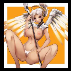 Rule 34 | 1girl, 3:, bad id, bad pixiv id, black border, blush, border, breasts, cameltoe, halo, high ponytail, highleg, highleg panties, large breasts, looking at viewer, mechanical halo, mechanical wings, mercy (overwatch), nipples, notte, overwatch, overwatch 1, panties, purple eyes, short hair, solo, spread legs, squatting, staff, thighs, topless, underwear, white hair, white panties, wings, yellow wings