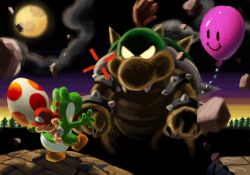 Rule 34 | 3boys, aiming, armlet, baby, baby bowser, baby mario, balloon, blank eyes, bowser, bracelet, brown hair, cabbie hat, cloud, colored sclera, colored skin, covering head, dusk, egg, faux traditional media, floating rock, gameplay mechanics, giant, giant monster, glowing, glowing eyes, green skin, hat, highres, holding, holding egg, jewelry, mario, mario (series), moon, multiple boys, nintendo, no pupils, orange headwear, pine tree, red headwear, riding, rubble, spiked armlet, spiked bracelet, spiked shell, spikes, standing, standing on one leg, super mario world 2: yoshi&#039;s island, tree, ya mari 6363, yellow sclera, yoshi