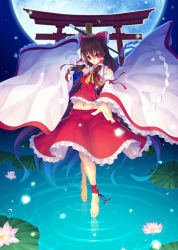 Rule 34 | 1girl, aka (shoumae), ankle ribbon, bad id, bad pixiv id, barefoot, bow, brown hair, detached sleeves, artistic error, feet, female focus, floating, flower, foreshortening, full moon, hair bow, hakurei reimu, japanese clothes, leg ribbon, lily pad, long hair, looking at viewer, lotus, miko, moon, navel, night, red eyes, ribbon, ripples, solo, torii, touhou, water, wide sleeves, wrong foot