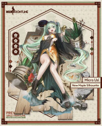 Rule 34 | 1girl, @ @, ^^^, aiming, aiming at viewer, bamboo, black haori, black hat, blush, boots, breasts, broken, brown footwear, bullet hole, character name, cleavage, commentary, copyright name, cross-laced footwear, english commentary, floral print kimono, flower, full body, girls&#039; frontline, green eyes, green hair, gun, hair between eyes, hair ribbon, hat, highres, holding, holding gun, holding weapon, japanese clothes, kadomatsu, kimono, lace-up boots, large breasts, long hair, long sleeves, looking at viewer, lying, micro uzi, micro uzi (girls&#039; frontline), micro uzi (new maple silhouette) (girls&#039; frontline), no socks, obi, official alternate costume, official art, on back, on floor, open mouth, red flower, red ribbon, renlili, ribbon, rubble, sash, scarf, second-party source, smoke, solo, torn clothes, torn kimono, translation request, trembling, twintails, unworn hat, unworn headwear, v-shaped eyebrows, very long hair, weapon, white scarf, wooden floor, yellow kimono, yellow sash