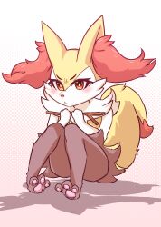 Rule 34 | 1girl, :&lt;, absurdres, animal ear fluff, animal ears, animal feet, animal nose, barefoot, black fur, blush, body fur, braixen, closed mouth, creatures (company), female focus, flat chest, fox ears, fox girl, fox tail, furry, furry female, game freak, gen 6 pokemon, gradient background, hands up, highres, holding, holding stick, legs, looking at viewer, mask (maskmannerz), multicolored fur, neck fur, nintendo, own hands together, pawpads, pokemon, pokemon (creature), red eyes, simple background, snout, solo, stick, tail, v-shaped eyebrows, white background, white fur, yellow fur