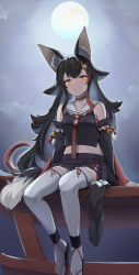 Rule 34 | 1girl, absurdres, animal ear fluff, animal ears, bell, black hair, black shirt, black skirt, blush, cape, crop top, detached sleeves, full moon, hair ornament, hairclip, highres, hololive, jingle bell, kouhaku nawa, long hair, long sleeves, looking at viewer, midriff, moon, multicolored hair, navel, night, ookami mio, ookami mio (1st costume), orange eyes, outdoors, parted lips, pleated skirt, red cape, red hair, rope, sailor collar, sandals, shimenawa, shirt, skirt, smile, solo, streaked hair, tail, thighhighs, very long hair, virtual youtuber, white sailor collar, white thighhighs, wolf ears, wolf girl, wolf tail, yuuzuki (re&#039;ef)