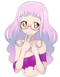 Rule 34 | 1girl, bare shoulders, braid, breasts, brown eyes, cropped torso, glasses, hands up, kiki ajimi, long hair, looking at viewer, moudoku (decopon3rd), paint, paint on body, parted lips, pink-framed eyewear, pink hair, pretty series, pripara, sidelocks, simple background, small breasts, solo, topless, twin braids, upper body, white background