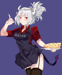 Rule 34 | 1girl, apron, black apron, black thighhighs, blue background, blush, breasts, collared shirt, demon horns, eating, food, fork, garter straps, helltaker, highres, holding, holding plate, horns, large breasts, looking to the side, lucifer (helltaker), medium hair, mole, mole under eye, pancake, plate, red eyes, red shirt, shirt, short hair, simple background, sleeves rolled up, standing, thighhighs, utensil in mouth, wesker1025s, white hair, white horns