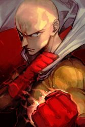 Rule 34 | 1boy, bald, bodysuit, cape, clenched hands, closed mouth, gloves, glowing fist, hungry clicker, looking at viewer, male focus, one-punch man, red gloves, saitama (one-punch man), superhero costume, white cape, yellow bodysuit