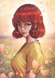 Rule 34 | 1girl, absurdres, breasts, commentary, david mccartney, day, earrings, english commentary, green eyes, highres, jewelry, lips, looking at viewer, medium breasts, outdoors, penny (stardew valley), petals, profile, red hair, shirt, short sleeves, signature, solo, sparkle, standing, stardew valley, sunlight, yellow shirt