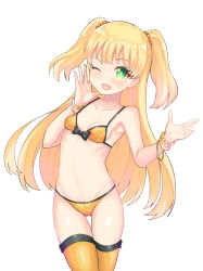 Rule 34 | 10s, 1girl, atg (wttoo0202), bikini, blonde hair, bracelet, breasts, fang, gluteal fold, green eyes, highres, idolmaster, idolmaster cinderella girls, jewelry, jougasaki rika, long hair, one eye closed, open mouth, orange bikini, orange thighhighs, small breasts, solo, standing, swimsuit, thigh gap, thighhighs, twintails, two side up