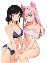 Rule 34 | 2girls, bare shoulders, bikini, black hair, blush, breasts, cleavage, closed mouth, collarbone, commentary request, detached sleeves, expressionless, frilled bikini, frilled sleeves, frills, front-tie bikini top, front-tie top, green eyes, grin, hair ribbon, halterneck, happy, highres, invisible chair, kajino (aosansai), long hair, looking at viewer, low twintails, medium breasts, multiple girls, navel, nemoto hina, one eye closed, pink bikini, pink hair, pink ribbon, pink sleeves, purple bikini, purple eyes, ribbon, short sleeves, side-tie bikini bottom, sidelocks, simple background, sitting, smile, standing, stomach, swimsuit, tamura yuri, teeth, twintails, two side up, watashi ga motenai no wa dou kangaetemo omaera ga warui!, white background