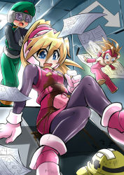 Rule 34 | arm support, black legwear, blonde hair, blue eyes, blush, breasts, capcom, ciel (mega man), coffee, coffee mug, cup, cyber elves, flying paper, gloves, goggles, hair between eyes, hat, headgear, high heels, high ponytail, highres, long hair, mega man (series), mega man zero (series), met (mega man), military hat, mug, open mouth, pantyhose, paper, passy (mega man), pink footwear, pink skirt, ponytail, skirt, small breasts, spill, tearing up, white gloves, zelitto