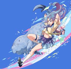 Rule 34 | 1girl, abstract background, absurdres, aono shimo, arms behind head, bad id, bad twitter id, bag, blue background, blue hair, blue skirt, bookbag, bracelet, breasts, clothes lift, falling, highres, jewelry, knee up, kneehighs, loafers, manatee, midriff, navel, notebook, one knee up, open mouth, original, pencil case, pleated skirt, purple eyes, ribbon, school uniform, sea cow, shirt, shirt lift, shoes, short sleeves, skirt, socks, surprised, thigh strap, water, water drop, white shirt, white socks