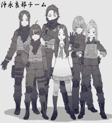 Rule 34 | 6+girls, absurdres, ahoge, belt, blouse, boots, closed mouth, combat boots, commentary request, cross-laced footwear, fringe trim, frown, girls und panzer, glove pull, gloves, greyscale, hair bun, half-closed eyes, hand on own hip, hands on own hips, highres, jacket, knee pads, light particles, loafers, long hair, looking at viewer, medium hair, miniskirt, monochrome, multiple girls, neckerchief, original, pants, plaid, plaid skirt, pleated skirt, scarf, school uniform, serafuku, shadow, shawl, shirt, shoes, short hair, short sleeves, side-by-side, sidelocks, single hair bun, skirt, sleeves rolled up, smile, socks, standing, tactical clothes, translated, utility belt, v-shaped eyebrows, zennosuke