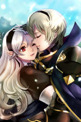 Rule 34 | 1boy, 1girl, black hairband, blonde hair, blue cape, cape, closed eyes, closed mouth, corrin (female) (fire emblem), corrin (fire emblem), day, fire emblem, fire emblem fates, from side, hairband, leo (fire emblem), long hair, nintendo, one eye closed, outdoors, parted lips, pointy ears, red eyes, shinmanawa, silver hair, smile, upper body, very long hair