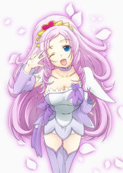 Rule 34 | 1girl, ;d, arm warmers, asymmetrical clothes, blue eyes, breasts, brooch, choker, cleavage, cosplay, cure sword, cure sword (cosplay), detached sleeves, dokidoki! precure, dress, fingerless gloves, gloves, hair ornament, heart, heart brooch, jewelry, long hair, looking at viewer, marie ange, one eye closed, open mouth, pink hair, precure, purple legwear, purple skirt, ribbon, simple background, skirt, slowpit, smile, solo, v, white background, wink