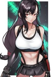 Rule 34 | 1girl, absurdres, bad id, bad twitter id, bare shoulders, black gloves, black hair, breasts, cleavage, final fantasy, final fantasy vii, final fantasy vii remake, gloves, highres, large breasts, long hair, looking at viewer, midriff, navel, pleated skirt, red eyes, skirt, smile, solo, suspenders, tank top, tifa lockhart, very long hair, yoshio (55level)