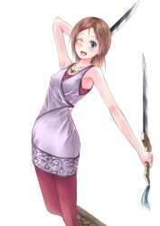 Rule 34 | 1girl, ;d, atelier (series), atelier meruru, bad id, bad pixiv id, blue eyes, brown hair, dual wielding, esty erhard, female focus, gust, hair ornament, hairpin, holding, jewelry, kino (kino buro), necklace, one eye closed, open mouth, pantyhose, red pantyhose, short hair, smile, solo, sword, weapon, wink