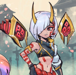 Rule 34 | 1girl, arm tattoo, bare shoulders, belt, black eyes, black gloves, breasts, crop top, detached wings, gloves, hair over one eye, horns, inkshadow kai&#039;sa, kai&#039;sa, league of legends, long sleeves, navel, outdoors, phantom ix row, red belt, red eyes, shiny clothes, short hair, single sleeve, small breasts, solo, standing, stomach, tattoo, teeth, thighhighs, white hair, wings
