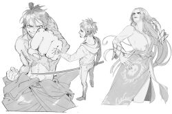 Rule 34 | 1girl, 2boys, boa hancock, breasts, earrings, facial hair, goatee, grin, hand tattoo, holding, holding sword, holding weapon, hood, hoodie, japanese clothes, kimono, large breasts, long hair, monkey d. luffy, monochrome, multiple boys, muscular, muscular male, one piece, one piece: stampede, pants, rami rz, short hair, smile, snake earrings, sword, tattoo, trafalgar law, very long hair, weapon
