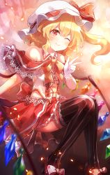 Rule 34 | 1girl, 60mai, alternate costume, back bow, bare shoulders, black bow, black thighhighs, blonde hair, blush, bow, bowtie, closed mouth, commentary request, corset, crystal, fang, fang out, flandre scarlet, floating hair, footwear bow, frilled skirt, frills, gloves, hair between eyes, hand up, hat, hat ribbon, light particles, looking at viewer, mob cap, off shoulder, one eye closed, overskirt, red bow, red eyes, red ribbon, red skirt, ribbon, shoes, side ponytail, sitting, skirt, sleeveless, smile, solo, striped clothes, striped thighhighs, thighhighs, touhou, v, v-shaped eyebrows, vertical-striped clothes, vertical-striped thighhighs, white bow, white corset, white gloves, white hat, wings, yellow bow, yellow bowtie