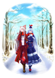 Rule 34 | 2girls, adapted costume, blue sky, blush, boots, bow, capelet, cloud, coat, couple, day, female focus, fujiwara no mokou, gloves, hair bow, hand to own mouth, hat, highres, hijikawa arashi, kamishirasawa keine, locked arms, long hair, long sleeves, looking away, multiple girls, one eye closed, open clothes, open coat, pants, red eyes, scarf, shared clothes, shared scarf, shirt, silver hair, sky, snow, touhou, tree, very long hair, walking, wink, winter, winter clothes, yuri