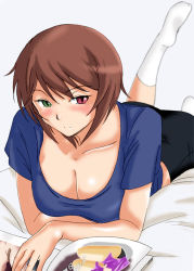 Rule 34 | 00s, 1girl, blush, breasts, brown hair, casual, cleavage, heterochromia, large breasts, magazine (object), aged up, rozen maiden, short hair, socks, solo, souseiseki