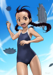 Rule 34 | 1girl, antenna hair, black hair, blue sky, braid, breasts, brown eyes, cloud, commentary request, competition school swimsuit, forehead, gluteal fold, grey one-piece swimsuit, highres, low twintails, one-piece swimsuit, open mouth, original, rohitsuka, running, school swimsuit, sky, small breasts, solo, swimsuit, teeth, twin braids, twintails, ufo, upper teeth only
