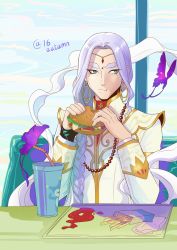 Rule 34 | 1boy, autumn-sacura, bead necklace, beads, braid, bug, butterfly, circlet, cup, drinking straw, earrings, food, french fries, green eyes, ace attorney, phoenix wright: ace attorney - spirit of justice, burger, hoop earrings, bug, jewelry, ketchup, long hair, male focus, nahyuta sahdmadhi, napkin, necklace, silver hair, single braid, solo, blue badger, tray, upper body