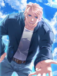 Rule 34 | 10s, 1boy, bad id, bad pixiv id, belt, blonde hair, blue jacket, bomber jacket, cloud, day, denim, jacket, jeans, keith goodman, killingrock, looking at viewer, male focus, outstretched hand, pants, short hair, sky, solo, tiger &amp; bunny
