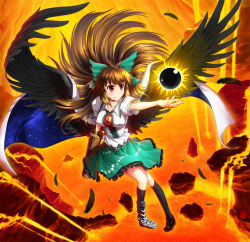 Rule 34 | 1girl, arm cannon, black wings, blush, bow, brown hair, cape, energy ball, female focus, hair bow, long hair, lava, muchousha, open mouth, puffy sleeves, red eyes, reiuji utsuho, rock, short sleeves, solo, touhou, weapon, wings