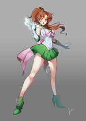 Rule 34 | 1girl, :o, ankle boots, artist name, bad id, bad pixiv id, bare legs, bishoujo senshi sailor moon, boots, bow, brooch, brown hair, circlet, cross-laced footwear, elbow gloves, gloves, gradient background, green footwear, green sailor collar, green skirt, hair bobbles, hair ornament, heart, heart brooch, high ponytail, highres, jewelry, kino makoto, long hair, looking at viewer, m/, pink bow, pleated skirt, ponytail, sailor collar, sailor jupiter, sanonoreku rlo, signature, simple background, skin tight, skirt, solo, standing, super sailor jupiter, very long hair, white gloves