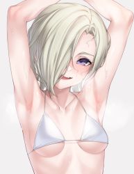Rule 34 | 1girl, :d, absurdres, armpits, arms up, asymmetrical bangs, bare arms, bare shoulders, bikini, blonde hair, blush, breasts, collarbone, commentary, grey background, hair over one eye, halterneck, head tilt, highres, looking at viewer, love live!, love live! nijigasaki high school idol club, messy hair, mia taylor, nasuno (nasuno42), one eye covered, open mouth, purple eyes, short hair, simple background, small breasts, smile, solo, steaming body, string bikini, sweat, swimsuit, teeth, underboob, upper body, upper teeth only, white bikini
