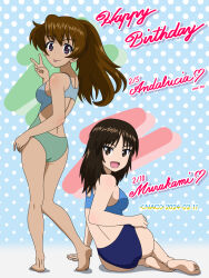 Rule 34 | 2girls, andalucia (girls und panzer), aoshidan school uniform, ass, black hair, breasts, brown eyes, brown hair, dated, girls und panzer, happy birthday, highres, long hair, looking at viewer, multiple girls, murakami (girls und panzer), naotosi, open mouth, polka dot, polka dot background, ponytail, purple eyes, simple background, small breasts, smile, swimsuit, tongue, tongue out, v