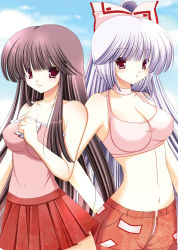 Rule 34 | 2girls, :&lt;, :o, adapted costume, bad id, bad pixiv id, black hair, blue sky, blunt bangs, blush, bow, bra, breasts, casual, cleavage, collarbone, contemporary, covered erect nipples, day, female focus, fujiwara no mokou, hair bow, highres, hime cut, hip focus, hiyori-o, houraisan kaguya, impossible clothes, impossible shirt, large breasts, lingerie, long hair, looking at viewer, midriff, miniskirt, multiple girls, navel, open fly, outdoors, pants, pleated skirt, ponytail, red eyes, ribbon, shirt, shorts, skirt, sky, smile, standing, straight hair, touhou, underwear, unzipped, very long hair, white hair