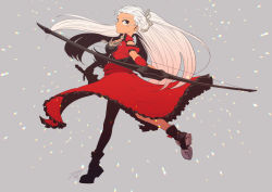 Rule 34 | 1girl, archer (fate), bow (weapon), brown eyes, dark-skinned female, dark skin, dress, fate/stay night, fate (series), flat color, genderswap, genderswap (mtf), grey background, grey eyes, long coat, long hair, nishiyama (whatsoy), ponytail, red dress, simple background, solo, standing, standing on one leg, very long hair, weapon, white hair