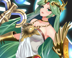 Rule 34 | 1girl, :d, blush, chain, collarbone, commentary request, green hair, headdress, highres, jewelry, kid icarus, long hair, looking at viewer, necklace, nintendo, open mouth, palutena, schreibe shura, shield, smile, solo, staff, super smash bros., upper body, vambraces, very long hair
