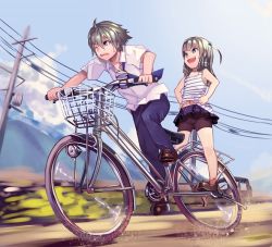 Rule 34 | 1boy, 1girl, ahoge, aozarigani, bad id, bad pixiv id, bicycle, bike shorts, blue necktie, blue pants, brother and sister, day, green eyes, grey hair, hands on own hips, miniskirt, motion blur, multiple riders, navel, necktie, one eye closed, original, outdoors, panties, pants, pantyshot, pleated skirt, power lines, purple skirt, riding, road, shirt, short hair, short sleeves, shorts, siblings, skirt, smile, standing, striped clothes, striped shirt, tank top, underwear, vest, white shirt