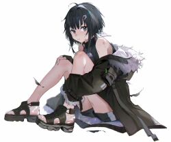 Rule 34 | 1girl, arknights, black eyes, black hair, feet, fingerless gloves, full body, fur-trimmed jacket, fur trim, gloves, hair ornament, hairclip, jacket, knees up, la pluma (arknights), legs, looking at viewer, nogi lace, sandals, shirt, shorts, simple background, sitting, solo, toenails, toes, white background