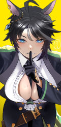 Rule 34 | 1girl, absurdres, ahoge, animal ears, arm up, asymmetrical hair, between breasts, black gloves, black hair, black jacket, black necktie, blue eyes, breasts, center frills, center opening, collared shirt, cowboy shot, ear ornament, finger to mouth, frilled shirt, frills, fuji kiseki (umamusume), gloves, grey hair, hand up, highres, horse ears, index finger raised, jacket, jewelry, jitome no tsugumi, large breasts, leaning forward, light smile, long sleeves, looking at viewer, multicolored hair, necktie, necktie between breasts, no bra, open clothes, open jacket, pants, parted bangs, parted lips, shirt, short hair, shushing, simple background, solo, straight-on, sweat, translation request, two-tone hair, umamusume, white shirt, wing collar, yellow background