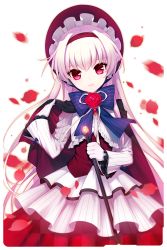 Rule 34 | 1girl, black cape, cape, dress, dress shirt, eve (soccer spirits), flower, gloves, hat, highres, holding, holding staff, lolita fashion, long hair, looking at viewer, official art, petals, pink hair, purple ribbon, red eyes, red flower, red rose, resized, ribbon, rose, rose petals, shirahane nao, shirt, soccer spirits, staff, striped clothes, striped dress, striped ribbon, transparent background, upscaled, white dress, white gloves