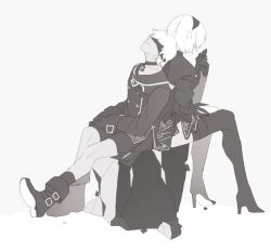 Rule 34 | 1boy, 1girl, android, blindfold, boots, double-breasted, dress, gloves, greyscale, hairband, hamha s, high heels, leaning on person, monochrome, nier (series), nier:automata, sitting, smile, white hair, 2b (nier:automata), 9s (nier:automata)