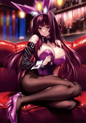 Rule 34 | 1girl, absurdres, animal ear fluff, animal ears, bare shoulders, blurry, blurry background, blush, breasts, cleavage, closed mouth, couch, detached collar, fake animal ears, fingernails, hair ornament, hand up, hanikami kanojo, high heels, highres, indoors, large breasts, leotard, lips, long hair, looking at viewer, pantyhose, piromizu, playboy bunny, purple eyes, purple hair, purple leotard, scan, shizuki neru, simple background, sitting, solo, wrist cuffs