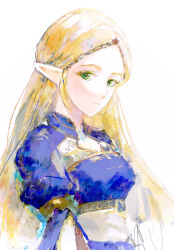Rule 34 | 1girl, blonde hair, blue vest, circlet, closed mouth, collared vest, colored eyelashes, commentary request, cookieei, dress, gold trim, green eyes, highres, layered sleeves, light smile, long hair, long sleeves, looking at viewer, nintendo, pointy ears, princess zelda, puffy short sleeves, puffy sleeves, short over long sleeves, short sleeves, signature, solo, the legend of zelda, upper body, vest, white background, white dress