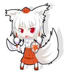 Rule 34 | 1girl, animal ears, bare shoulders, breasts, chibi, detached sleeves, fang, geta, hat, honda takaharu, inubashiri momiji, midriff, navel, open mouth, pom pom (clothes), red eyes, shield, short hair, silver hair, simple background, small breasts, solo, sword, tail, tokin hat, touhou, weapon, white background, wolf ears, wolf tail
