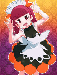 Rule 34 | 1girl, :d, absurdres, alternate color, bare arms, bare shoulders, blunt bangs, bonnet, commentary request, dress, fangs, hair ribbon, hands up, highres, kemurikusa, long hair, looking at viewer, open mouth, orange ribbon, outline, pink eyes, red hair, ribbon, rina (kemurikusa), sat-c, sleeveless, sleeveless dress, smile, solo, twintails, v-shaped eyebrows, white outline