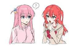 Rule 34 | 2girls, blue eyes, blush, bocchi the rock!, commentary request, danji bang, gotoh hitori, green eyes, hair ornament, kita ikuyo, long hair, medium hair, multiple girls, open mouth, parted lips, pink hair, red hair, simple background, white background